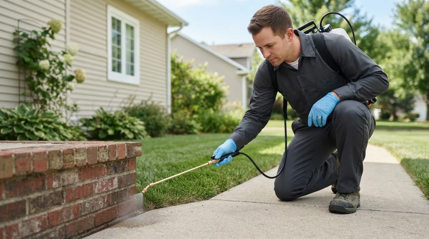 Pest control technician treating a home near Nordman, ID